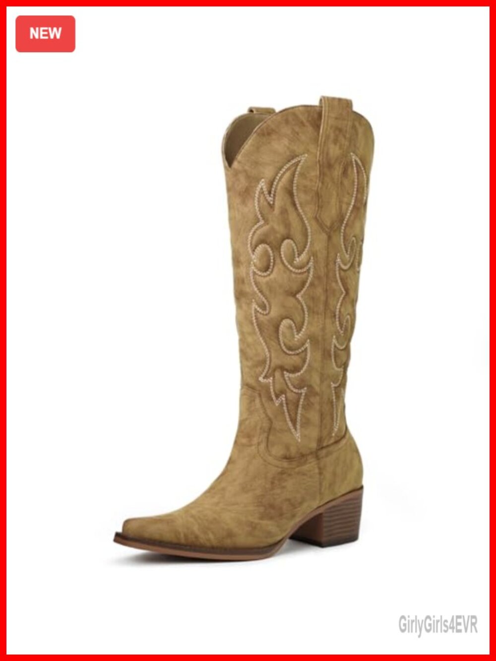 Knee High Cowboy Boots Faux Leather Pointed Toe Side Zipper Chunky Heel